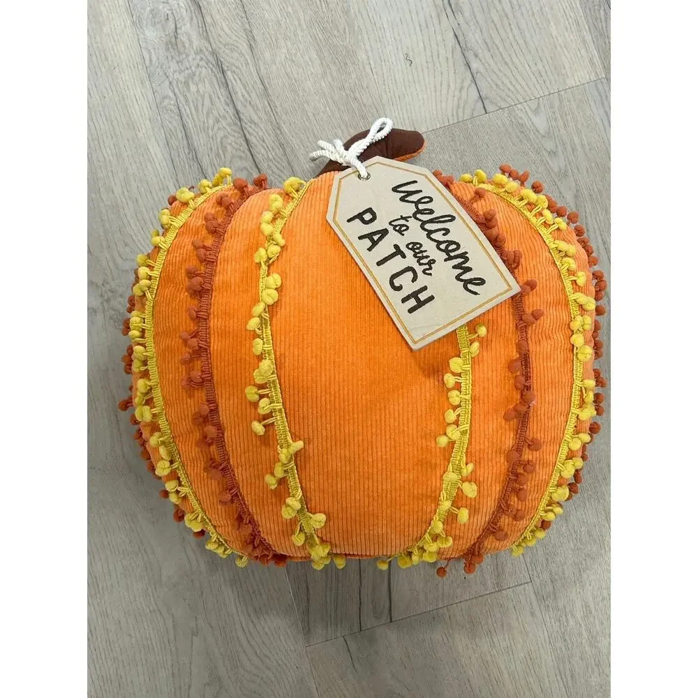 Orange Corduroy Pumpkin Pillow Pom Pom Trim Fall Harvest Decor 15”